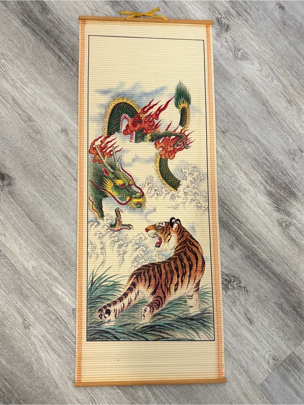 Vintage Tiger And Dragon Asian Wall Art Scroll Hanging Bamboo Painting